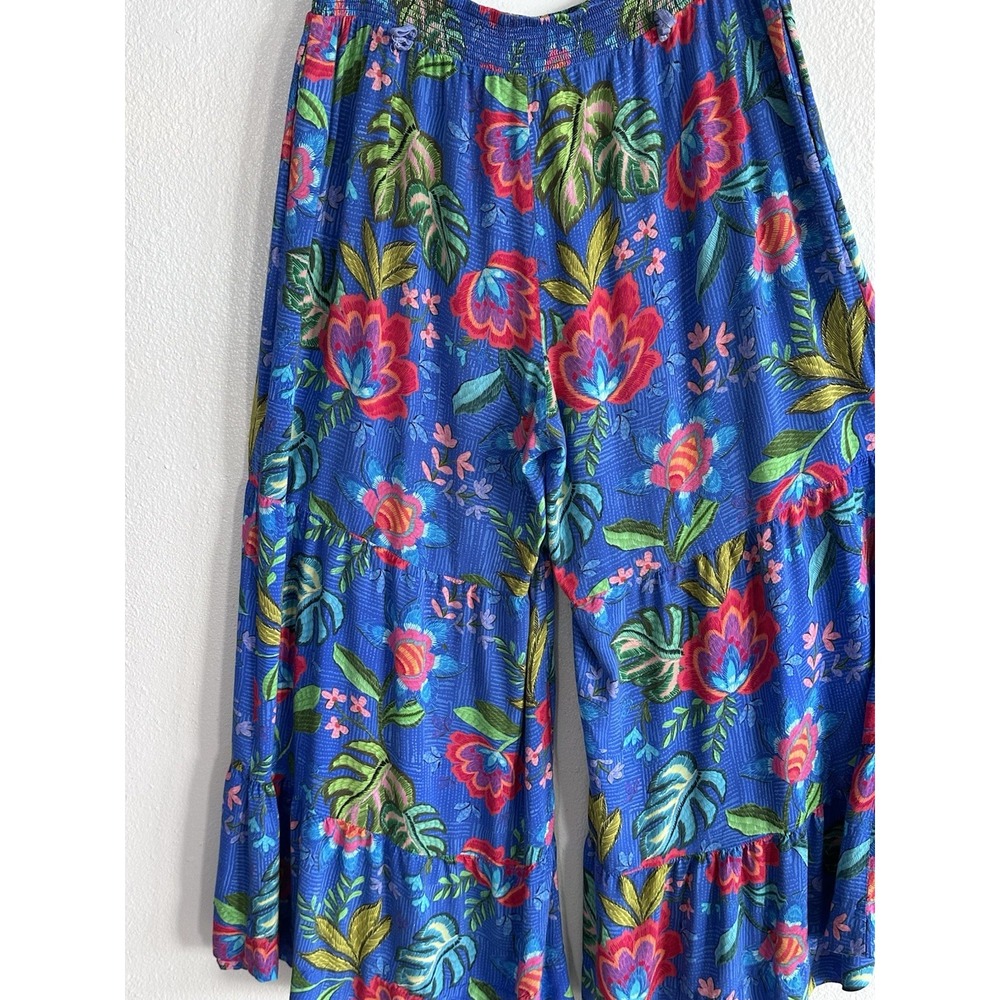 Johnny Was Rumba Tiered Pants L Blue Floral Rayon Palazzo Wide Leg Boho Resort - Picture 7 of 16